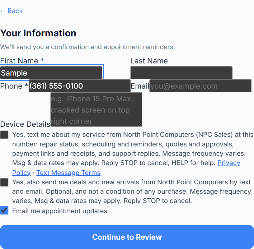 The Your Information step of the online booking form: phone number field, an unchecked box that reads Yes, text me appointment and repair updates from North Point Computers (NPC Sales) at the number above, message frequency varies, msg and data rates may apply, reply STOP to cancel, HELP for help, with Privacy Policy and Text Message Terms links